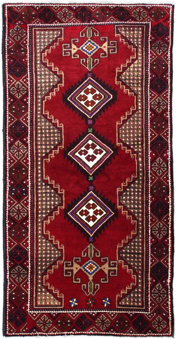 Handmade Persian rug of Baluch style in dimensions 195 centimeters length by 100 centimetres width with mainly Red and Black colors