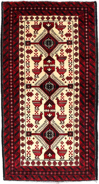 Handmade Persian rug of Baluch style in dimensions 187 centimeters length by 106 centimetres width with mainly Beige and Red colors