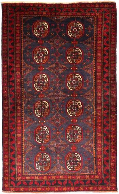 Handmade Persian rug of Baluch style in dimensions 188 centimeters length by 116 centimetres width with mainly Red and Blue colors
