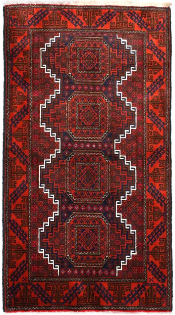 Handmade Persian rug of Baluch style in dimensions 180 centimeters length by 98 centimetres width with mainly Red and Black colors