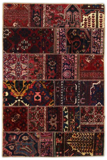 Handmade Persian rug of Patchwork style in dimensions 179 centimeters length by 119 centimetres width with mainly Red colors