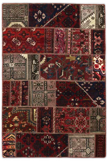 Handmade Persian rug of Patchwork style in dimensions 176 centimeters length by 118 centimetres width with mainly Red colors