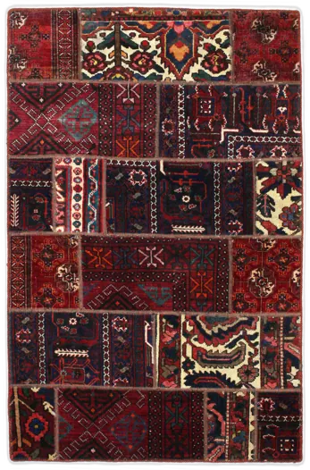 Handmade Persian rug of Patchwork style in dimensions 179 centimeters length by 116 centimetres width with mainly Red colors