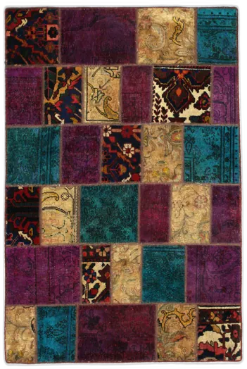 Handmade Persian rug of Patchwork style in dimensions 180 centimeters length by 120 centimetres width with mainly Purple and Turquoise colors