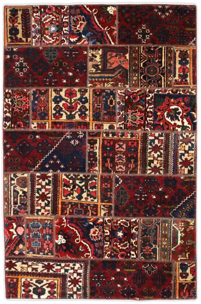 Handmade Persian rug of Patchwork style in dimensions 210 centimeters length by 137 centimetres width with mainly Red colors
