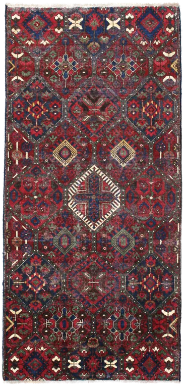 Handmade Persian rug of Bakhtiari style in dimensions 220 centimeters length by 105 centimetres width with mainly Red and Green colors
