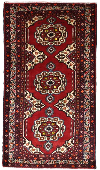 Handmade Persian rug of Baluch style in dimensions 198 centimeters length by 111 centimetres width with mainly Red and Black colors