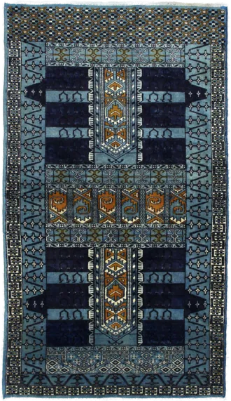 Handmade Persian rug of Turkoman style in dimensions 166 centimeters length by 95 centimetres width with mainly Blue colors