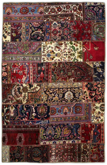 Handmade Persian rug of Patchwork style in dimensions 236 centimeters length by 152 centimetres width with mainly Red and Yellow colors