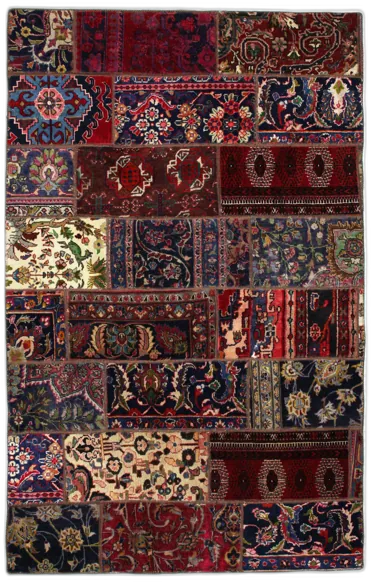Handmade Persian rug of Patchwork style in dimensions 237 centimeters length by 150 centimetres width with mainly Red colors