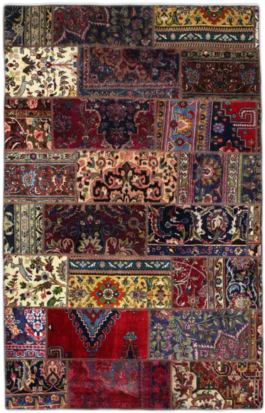 Handmade Persian rug of Patchwork style in dimensions 231 centimeters length by 151 centimetres width with mainly Red and Green colors
