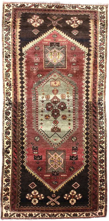 Handmade Persian rug in dimensions 215 centimeters length by 100 centimetres width with mainly Green and Brown colors