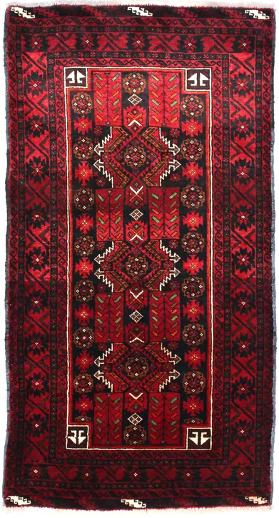 Handmade Persian rug of Baluch style in dimensions 212 centimeters length by 110 centimetres width with mainly Red and Black colors