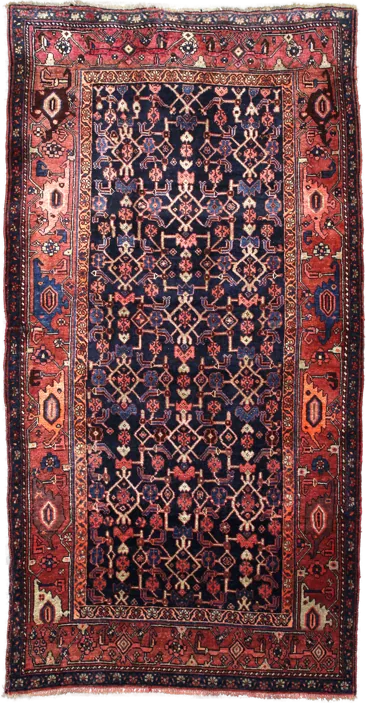 Handmade Persian rug in dimensions 244 centimeters length by 130 centimetres width with mainly Red and Blue colors