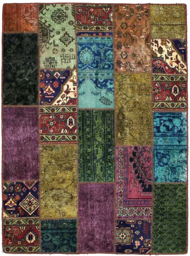 Handmade Persian rug of Patchwork style in dimensions 207 centimeters length by 152 centimetres width with mainly Green and Purple colors