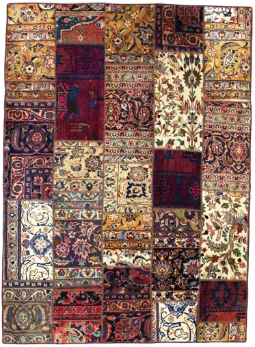 Handmade Persian rug of Patchwork style in dimensions 207 centimeters length by 151 centimetres width with mainly Red and Yellow colors
