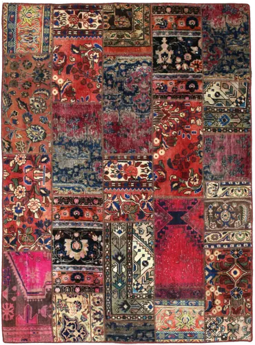 Handmade Persian rug of Patchwork style in dimensions 204 centimeters length by 151 centimetres width with mainly Red colors
