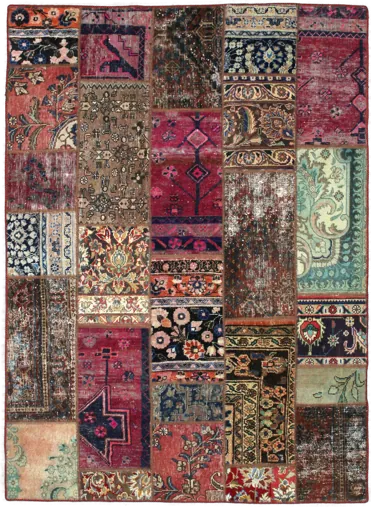 Handmade Persian rug of Patchwork style in dimensions 206 centimeters length by 152 centimetres width with mainly Red and Purple colors