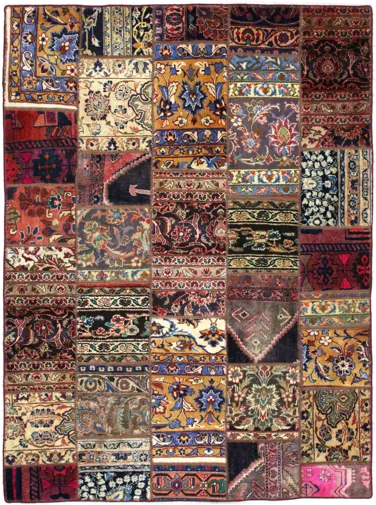 Handmade Persian rug of Patchwork style in dimensions 205 centimeters length by 150 centimetres width with mainly Beige and Red colors