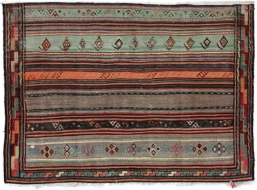 Handmade Persian rug of Sumak style in dimensions 148 centimeters length by 108 centimetres width with mainly Brown and Turquoise colors