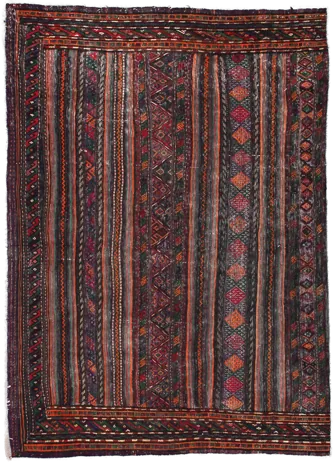 Handmade Persian rug of Sumak style in dimensions 156 centimeters length by 113 centimetres width with mainly Purple and Brown colors