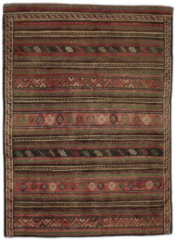 Handmade Persian rug of Sumak style in dimensions 200 centimeters length by 150 centimetres width with mainly Red and Green colors