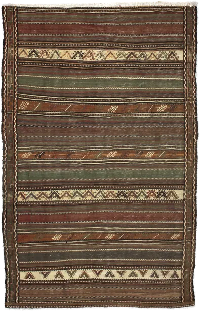 Handmade Persian rug of Sumak style in dimensions 212 centimeters length by 138 centimetres width with mainly Brown colors