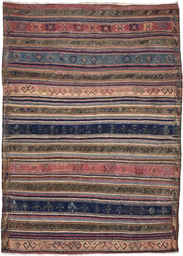 Handmade Persian rug of Sumak style in dimensions 245 centimeters length by 177 centimetres width with mainly Blue and Brown colors