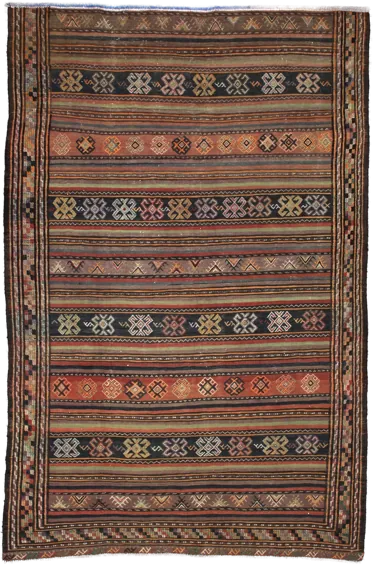 Handmade Persian rug of Sumak style in dimensions 228 centimeters length by 151 centimetres width with mainly Brown colors