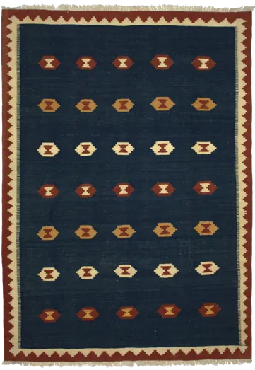 Handmade Persian rug of Kilim style in dimensions 238 centimeters length by 172 centimetres width with mainly Blue colors