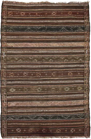 Handmade Persian rug of Sumak style in dimensions 211 centimeters length by 140 centimetres width with mainly Brown colors