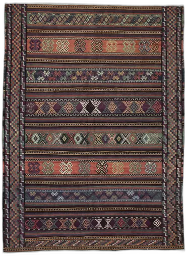Handmade Persian rug of Sumak style in dimensions 205 centimeters length by 151 centimetres width with mainly Purple and Brown colors