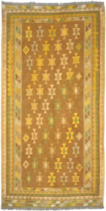 Handmade Persian rug of Kilim style in dimensions 285 centimeters length by 147 centimetres width with mainly Yellow colors