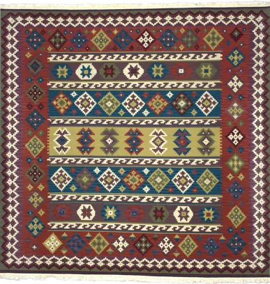 Handmade Turkish rug of Kilim style in dimensions 207 centimeters length by 205 centimetres width