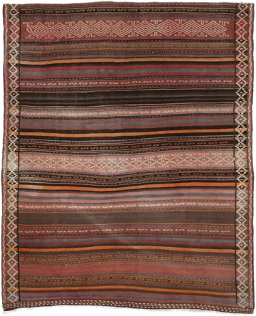 Handmade Persian rug of Sumak style in dimensions 180 centimeters length by 145 centimetres width with mainly Orange colors