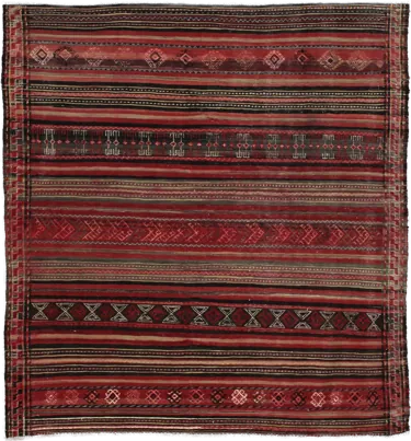 Handmade Persian rug of Sumak style in dimensions 165 centimeters length by 154 centimetres width with mainly Red colors