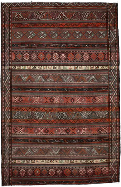 Handmade Persian rug of Sumak style in dimensions 247 centimeters length by 160 centimetres width with mainly Red and Brown colors