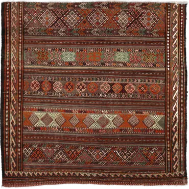 Handmade Persian rug of Sumak style in dimensions 154 centimeters length by 148 centimetres width with mainly Green and Orange colors