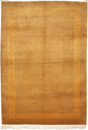 Handmade Nepali rug of Tibetan style in dimensions 240 centimeters length by 173 centimetres width with mainly Yellow colors