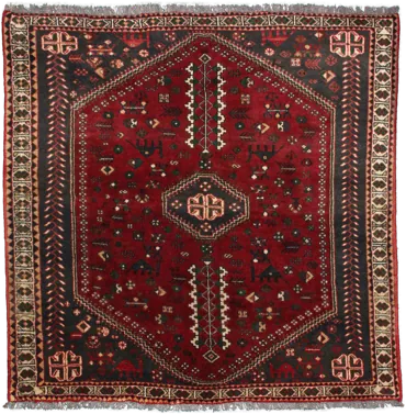 Handmade Persian rug in dimensions 198 centimeters length by 197 centimetres width with mainly Red and Black colors
