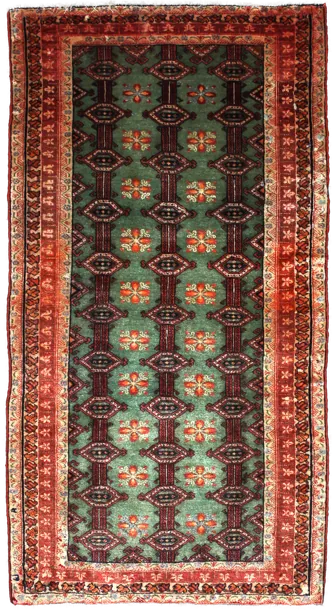 Handmade Persian rug of Turkoman style in dimensions 179 centimeters length by 94 centimetres width with mainly Green and Brown colors
