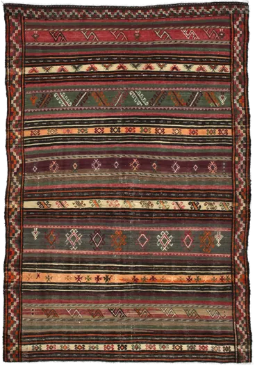 Handmade Persian rug of Sumak style in dimensions 212 centimeters length by 146 centimetres width with mainly Red and Green colors