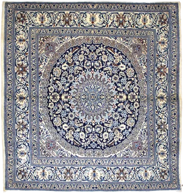 Handmade Persian rug of Nain style in dimensions 208 centimeters length by 198 centimetres width with mainly Beige and Blue colors