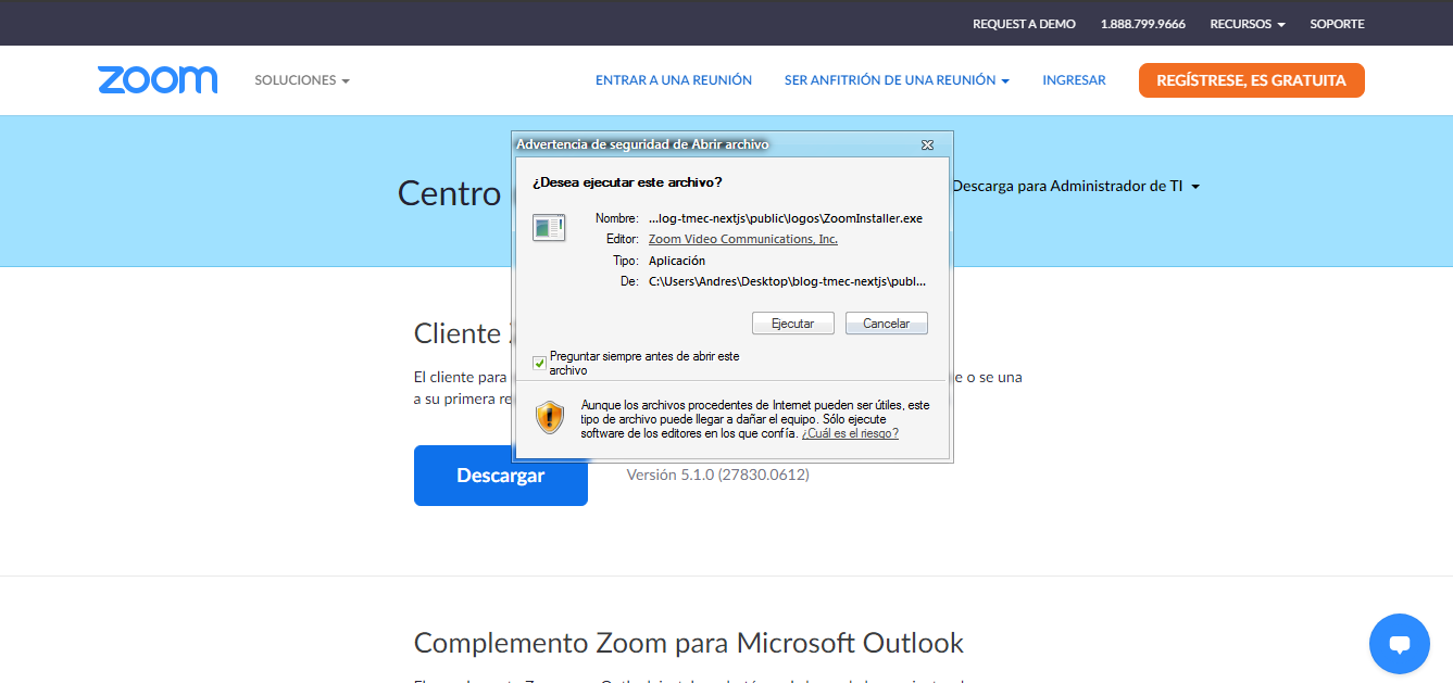 Ejecutamos el instalador de Zoom - TMEC