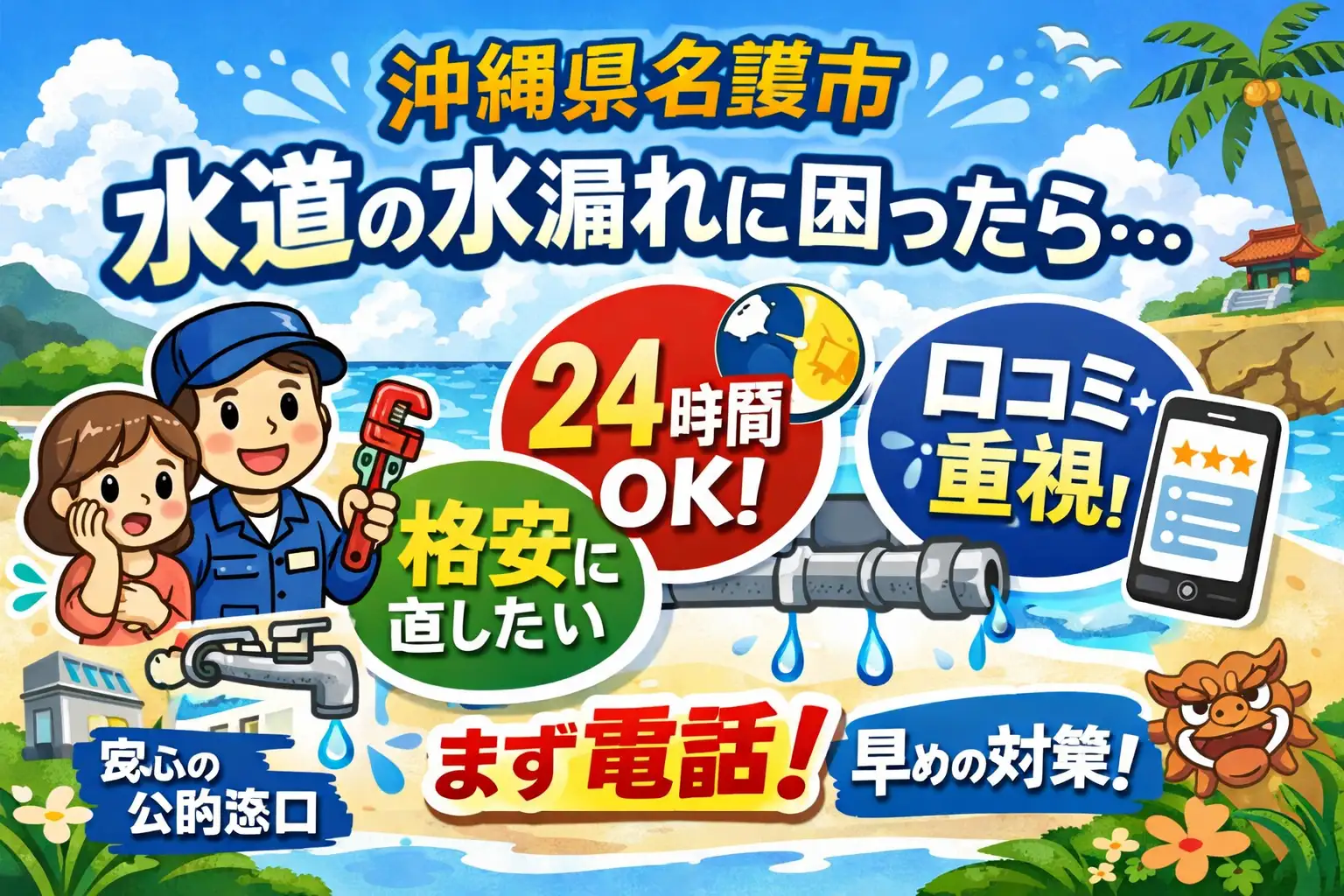 【沖縄県名護市】水道の水漏れに困ったら：24時間対応・格安に近づける頼み方とおすすめ連絡先まとめ