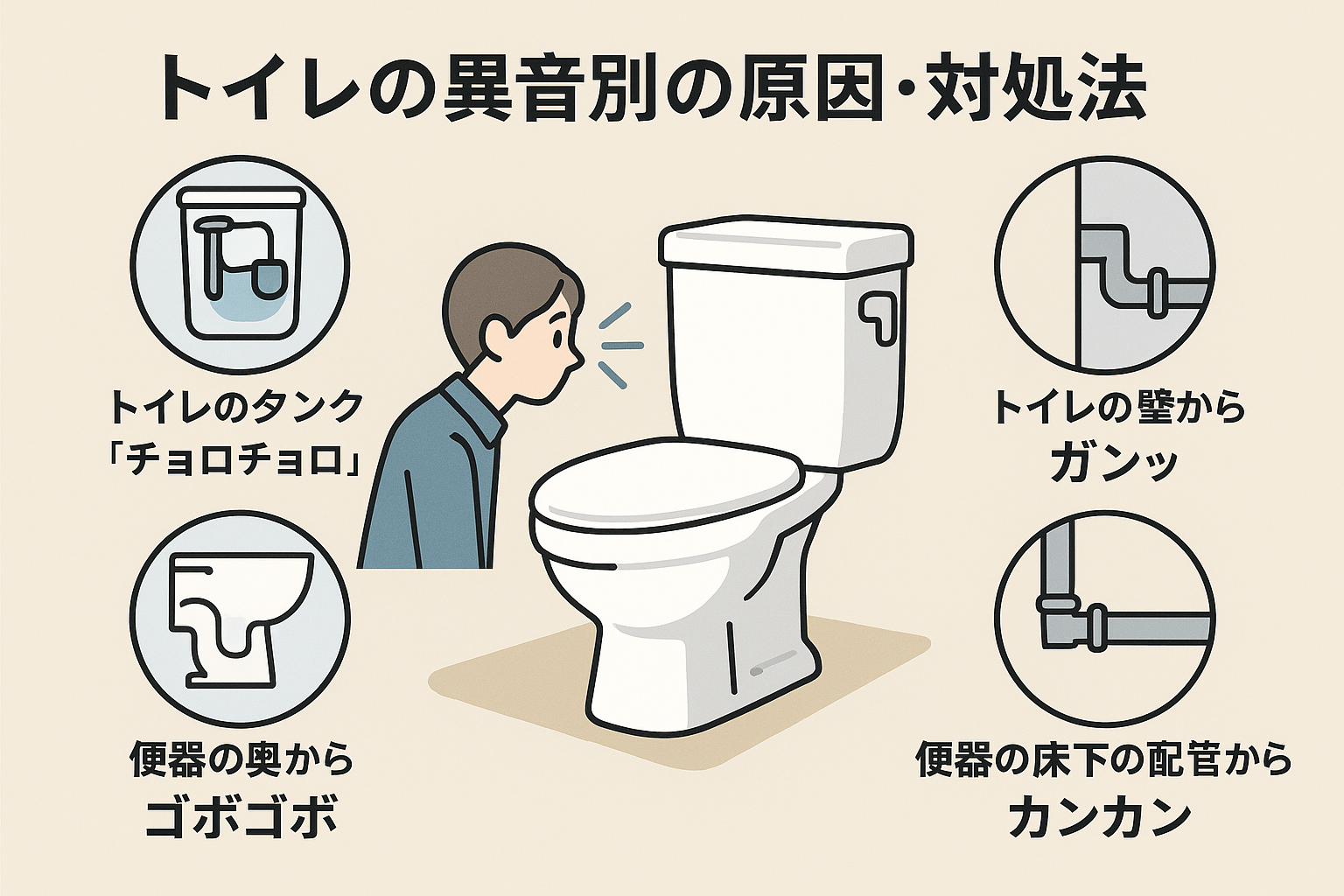 トイレの異音別の原因・対処法 トイレの異音が出る主な発生場所