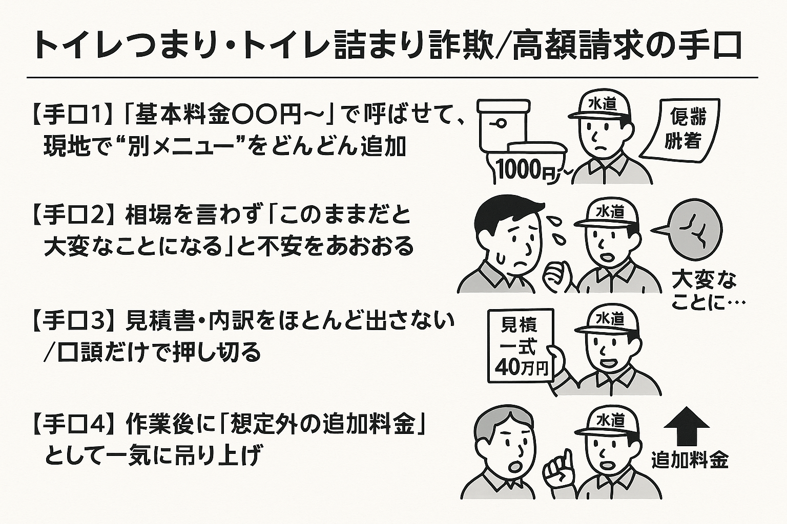 トイレつまり・トイレ詰まり詐欺／高額請求の典型的な手口