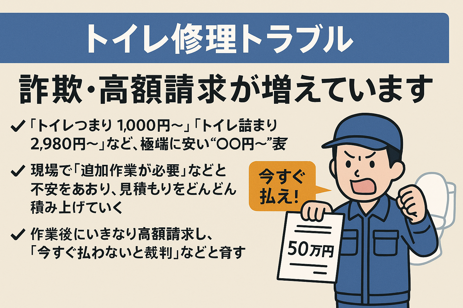トイレつまり・トイレ詰まりで「詐欺・高額請求」が増えている現実