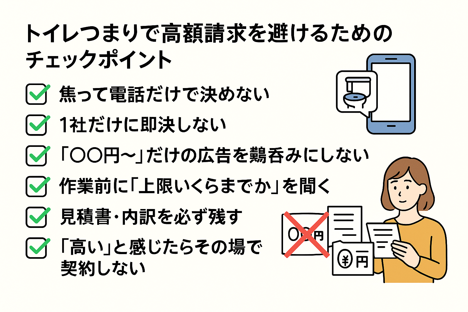 トイレつまり・トイレ詰まりで高額請求を避けるためのチェックポイント