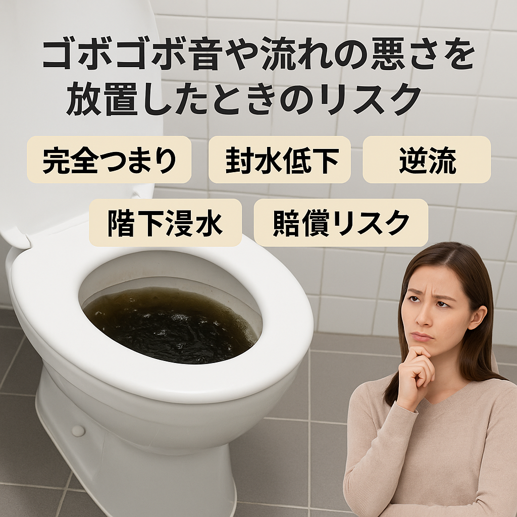 ゴボゴボ音や流れの悪さを放置したときのリスク（完全つまり・封水低下・逆流・階下浸水・賠償リスク）